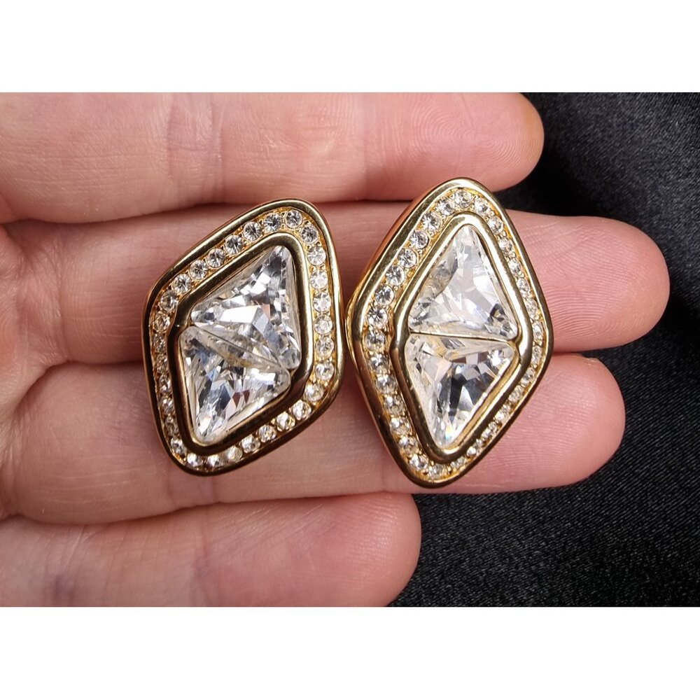 Vintage Swarovski 1980s - 1990s Clip-On Earrings With Clear Crystals & Gold-Tone - Picture 7 of 8
